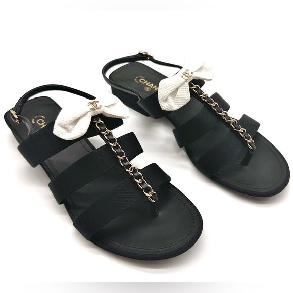 Chanel Interlocking CC Logo Grosgrain Chain Bow Black Sandals EU 37.5 US 6.5-7 - Picture 6 of 13